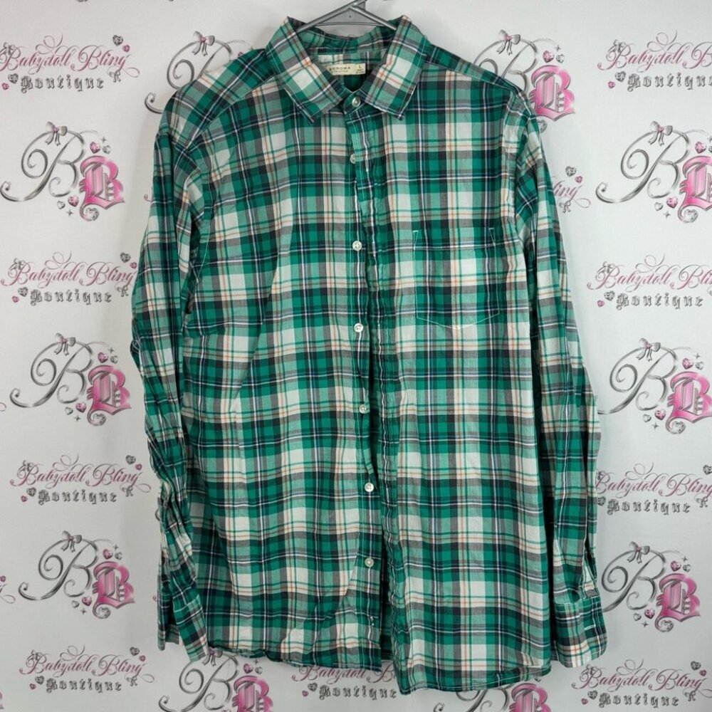 Sonoma button down shirt yellow Green and White Plaid Casual Shirt